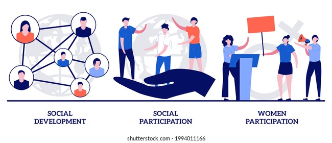 Social Development And Participation, Women Participation Concept With Tiny People. Norms Of Behaviour Vector Illustration Set. Social Engagement, Community Involvement, Social Group Metaphor.