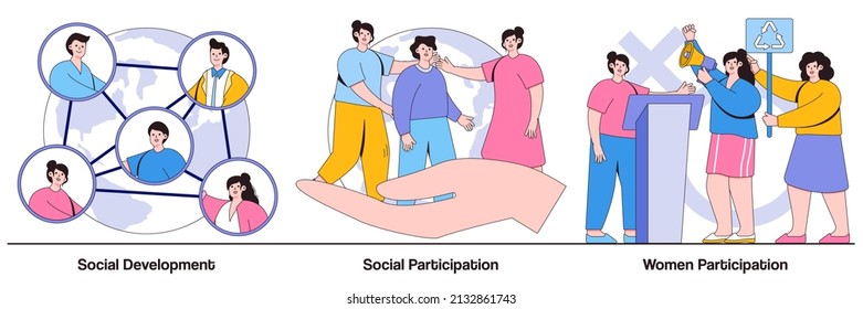 Social Development And Participation, Women Participation Concepts With People Characters. Norms Of Behavior Vector Illustration Pack. Social Engagement, Community Involvement, Social Group Metaphor.