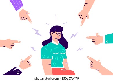 Social disapproval. Sad or depressed young woman surrounded by hands with index fingers pointing at her. Quilt, accusation, public censure and victim blaming concept. Flat cartoon vector illustration