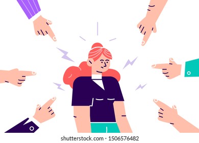 Social disapproval. Sad or depressed young woman surrounded by hands with index fingers pointing at her. Quilt, accusation, public censure and victim blaming concept. Flat cartoon vector illustration