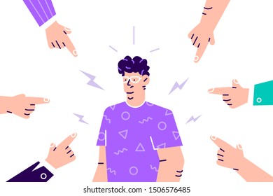 Social disapproval. Sad or depressed young man surrounded by hands with index fingers pointing at him. Quilt, accusation, public censure and victim blaming concept. Flat cartoon vector illustration