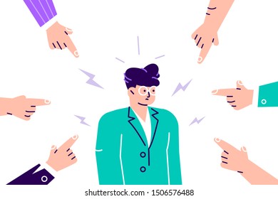 Social disapproval. Sad or depressed young man surrounded by hands with index fingers pointing at him. Quilt, accusation, public censure and victim blaming concept. Flat cartoon vector illustration