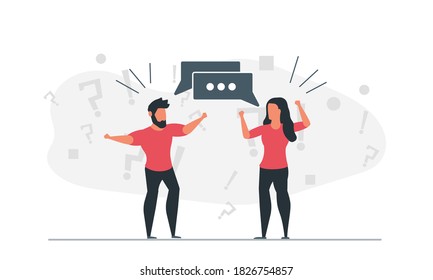 Social discussion of people. A man and a woman argue about different issues. Emotional conversation concept vector illustration