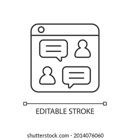 Social discussion platforms linear icon. Posting messages and questions on website. Online forums. Thin line customizable illustration. Contour symbol. Vector isolated outline drawing. Editable stroke