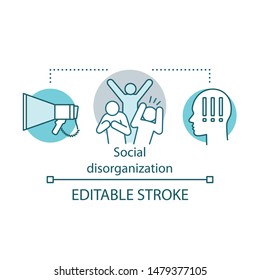 Social disorganization, conflicts concept icon. Antisocial, violent behavior idea thin line illustration. Social panic, conflicts and unrest. Vector isolated outline drawing. Editable stroke