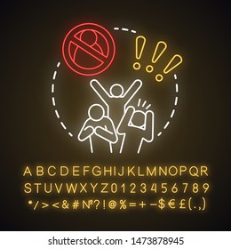 Social disorganization neon light concept icon. Behavioral problems idea. Crimes against humanity, discrimination. Social conflicts & bullying. Glowing alphabet, numbers. Vector isolated illustration