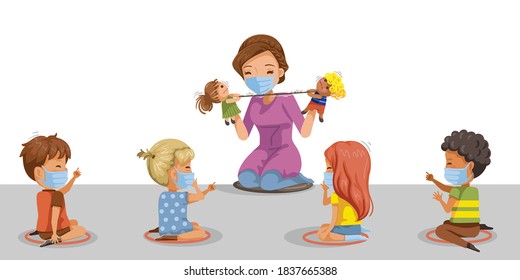 Social Distanc in class and wearing masks. Prevent the flu or covid-19 for kids in a school. during coronavirus epidemic. COVID-19. Visual Support. Social Distancing. Vector illustration.