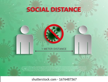 Social Distance 1 meter for prevention of spreading the infection in Covid-19 Outbreak. Vector illustration of 2 people icon with 1 meter distance concept and stop spreading bacteria icon.