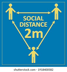 social distance 2m label with figures and arrows, yellow drawing on blue background, triangle composition, vector eps10