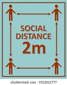 social distance 2m label with figures and arrows, red pictogram on blue background, square composition, vector eps10