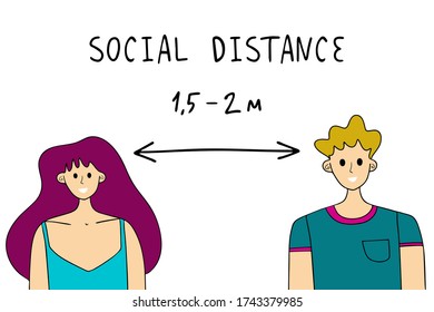 Social distance between people in the context of a coronavirus pandemic. Vector illustration in Doodle style with an inscription. 