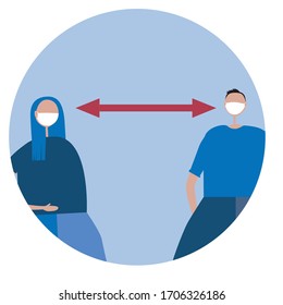 The social distance between people in face-masks during an epidemic or pandemic. Stock vector flat illustration with man and woman in a circle as a concept of group or virus prevention