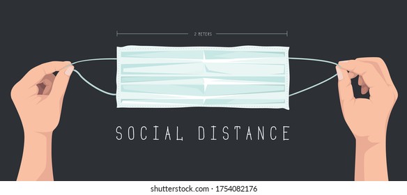 Social Distance. Business People, Office, Working Environment, Distance. Pandemic Period, Covid 19. Hands holding protective mask. Two meters.