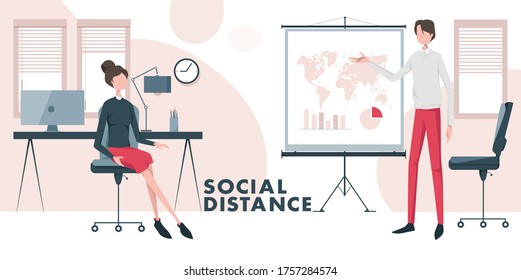 Social Distance. Business People, Office, Working Environment, Distance, Office Supplies. Pandemic Period, Covid 19. Pictogram, icon.