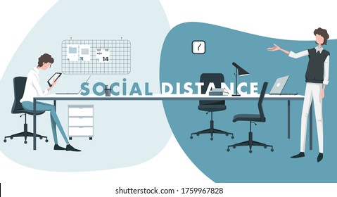 Social Distance. Business People, Office, Working Environment, Distance, office supplies. Pandemic Period, Covid 19. Pictogram, icon.