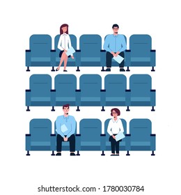 Social distance at a business seminar. People keep their distance, safe. Girls and men watch a presentation, participate in a scientific conference. Protection from viruses. Vector flat character