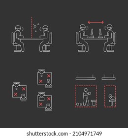 Social distance chalk icons set. Corona virus pandemic safety recommendations. Keep distance at office, gym.Glass barrier.Isolated vector illustration on chalkboard