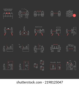 Social distance chalk icons set. Corona virus pandemic safety recommendations. Isolated vector illustrations on chalkboard