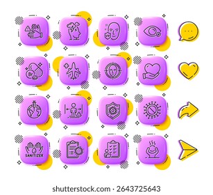 Social distance, Checklist and Hand sanitizer line icons. App 3d buttons. Social media comment, share, like icons. Pack of Coronavirus protection, Dont touch, Coronavirus report icon. Vector