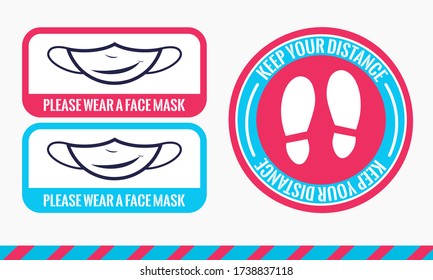 Social distance for children's markets and playgrounds. Please wear a mask and keep your distance to protect yourself from Covid-19, the coronavirus pandemic. Information stickers in pink and blue
