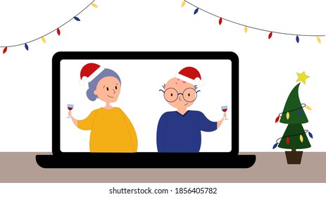 A social distance Christmas concept. Grandparents celebrating new year via video call during pandemic. 