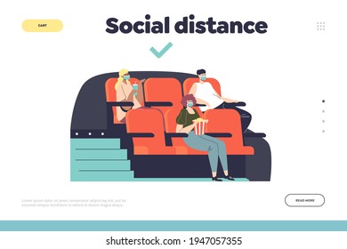 Social distance in cinema during covid epidemic landing page concept with people wear mask while watching movie or in theater. Safety and corona virus prevention concept. Vector illustration
