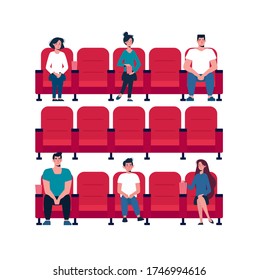 Social distance in the cinema. People keep their distance, sit through one chair, safe. Girls and men watch a movie, eat popcorn. There are few people in the Cinema Hall, virus protection. Vector flat