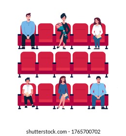 Social distance in the cinema. People keep their distance, sit through one chair, safe. Girls and men watch a movie, eat popcorn. There are few people in the Cinema Hall, virus protection. Vector flat