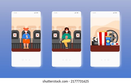 Social distance in cinema, theater. New normal. Mobile app screens, vector website banner template. UI, web site design.