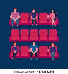Social distance in the cinema. Vector flat. There are few people in the Cinema Hall, virus protection. People keep their distance, sit through one chair, safe. Girls and men watch a movie, eat popcorn