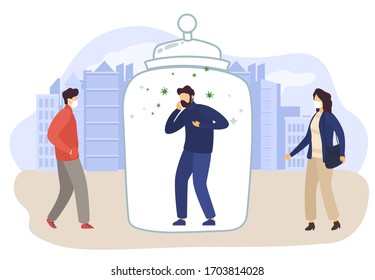 Social distance in city, patient Covid-19 vector illustration. Masked people protected from man with virus, keep calm. Sick character cough under glass flask sneeze spreading germs, infecting space.