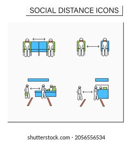 Social distance color icons set. Corona virus pandemic safety recommendations. Keep distance at shop, public places. Sitting apart. Isolated vector illustrations