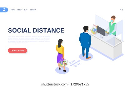 Social distance concept banner. Buyers in protective masks stand in line at a safe distance. Prevention of the spread of coronavirus infection COVID - 19. Vector isometric illustration.