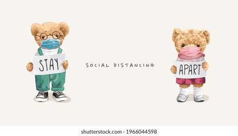 social distance concept with bear doll in face mask holding stay apart sign vector illustration