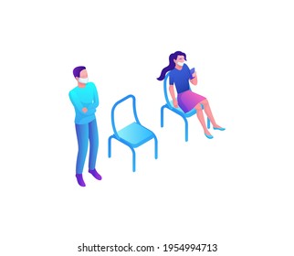 Social distance concept, Covid-19 virus prevention, People in face mask during 019-nCoV Coronavirus outbreak, registry or reception room, prevent virus contamination, 3d isometric illustration
