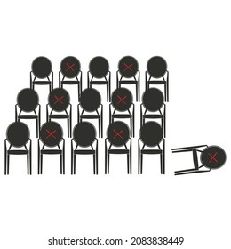 Social distance concept. Keep spaced between each chairs make separate for social distancing, to avoid spreading illness during transmission of COVID-19. Fallen chair,
chair upside down.