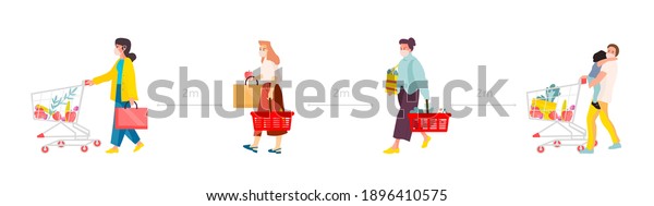 Social distance concept. People in medical\
masks with shopping trolley queuing at grocery or supermarket, safe\
distancing in public places, covid-19 prevention, vector cartoon\
horizontal illustration