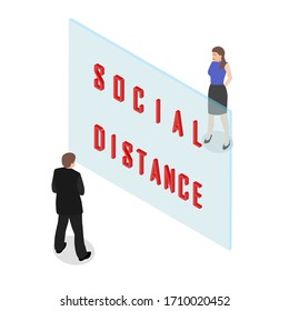 Social distance concept people standing away to prevent COVID-19 coronavirus. Isometric vector illustration