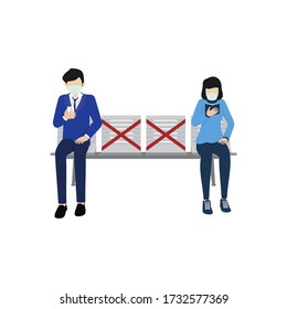 Social distance concept in public area. Physical distancing sitting in a public chair. Keeping your distance to avoid spreading the Corona or Covid-19 virus