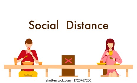 Social distance concept in restaurant : a man and a woman sit a distance apart in a restaurant or a cafe on the counter table. COVID-19 pandemic time. Vector illustration, Flat design