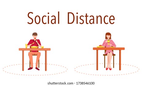 Social distance concept in restaurant : a man and a woman sit a distance apart in separate tables with food on tables. COVID-19 pandemic time. Vector illustration, Flat design