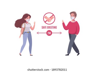 Social distance concept with two people wearing masks greeting each other safely cartoon vector illustration