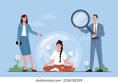 Social distance concept. Young girl in bubble sits in lotus position next to man with magnifying glass and woman. Freedom, peace and harmony. Virus and pandemic. Cartoon flat vector illustration