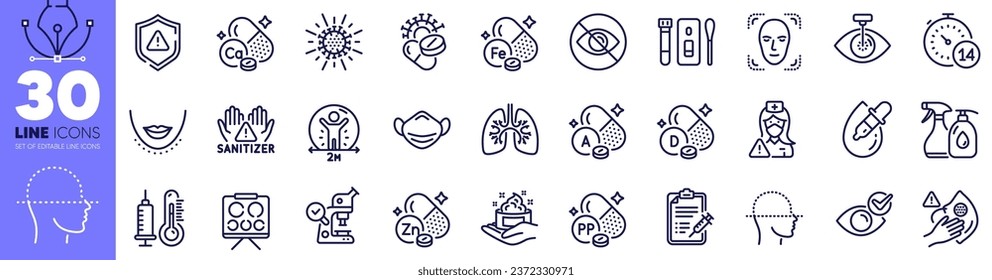 Social distance, Coronavirus pills and Vitamin d line icons pack. Check eye, Medical mask, Vision board web icon. Zinc mineral, Vaccine report, Face scanning pictogram. Coronavirus, NiacinIron. Vector