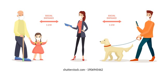 Social distance during coronavirus pandemic vector illustration. Stay safe by keeping safety distance between people in queue, infographic medicine background with man woman character in medical masks