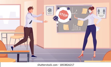 Social distance embrace flat composition with indoor office scenery and characters of coworkers refusing touch contact vector illustration