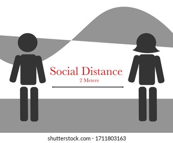 Social distance, flat cartoon character keep a distance of 1-2 meters, man and women keep distance for stop spreading corona virus.