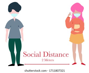 Social distance, flat cartoon character keep a distance of 1-2 meters, man and women keep distance for stop spreading corona virus.