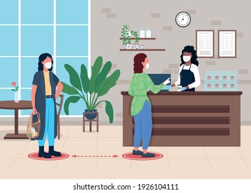 Social Distance Flat Color Vector Illustration. Covid Rules For Restaurants. Corona Virus New Reality. Barista And Customers 2D Cartoon Characters With Coffee Shops Items On Background