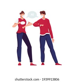 Social distance flat icon with two friends greeting each other with elbows instead of shaking hands vector illustration